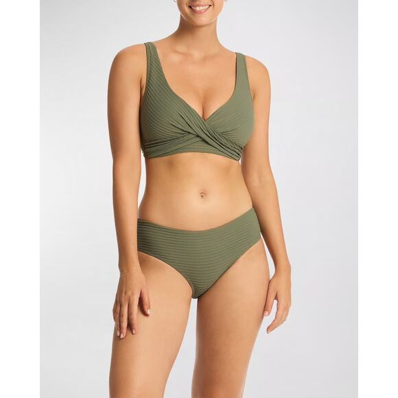 Sea Level Eco Essentials Cross Front Khaki Green Multifit Bra Bikini Top Size 10 - Picture 1 of 9